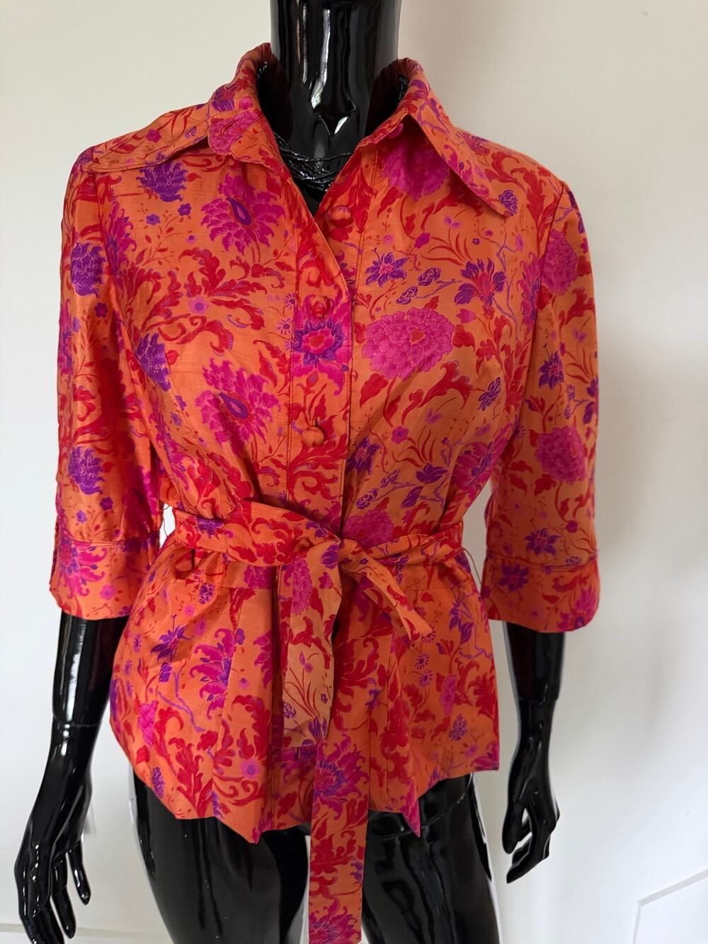 Vintage Bonnie Original Floral Belted Blouse Jacket Orange Pink Size S 70s